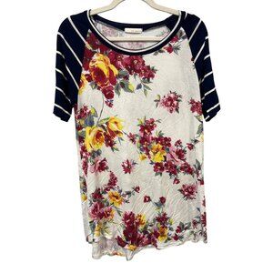So Perla Floral T-Shirt Women M Stripe Rayon Blend Retro Boho Hippie Cottagecore